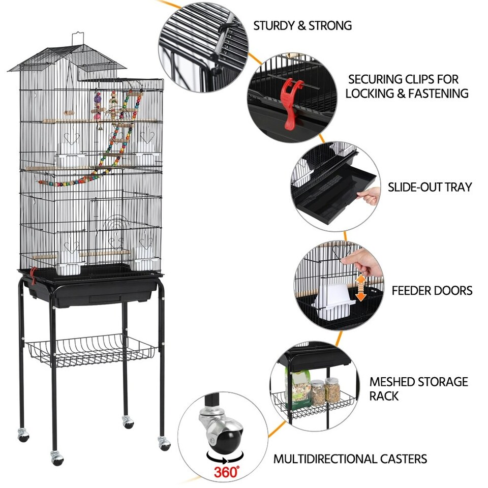image 1 of Yaheetech 158.5 cm Tall Roof Top Birdcage with Rolling Metal Stand Black
