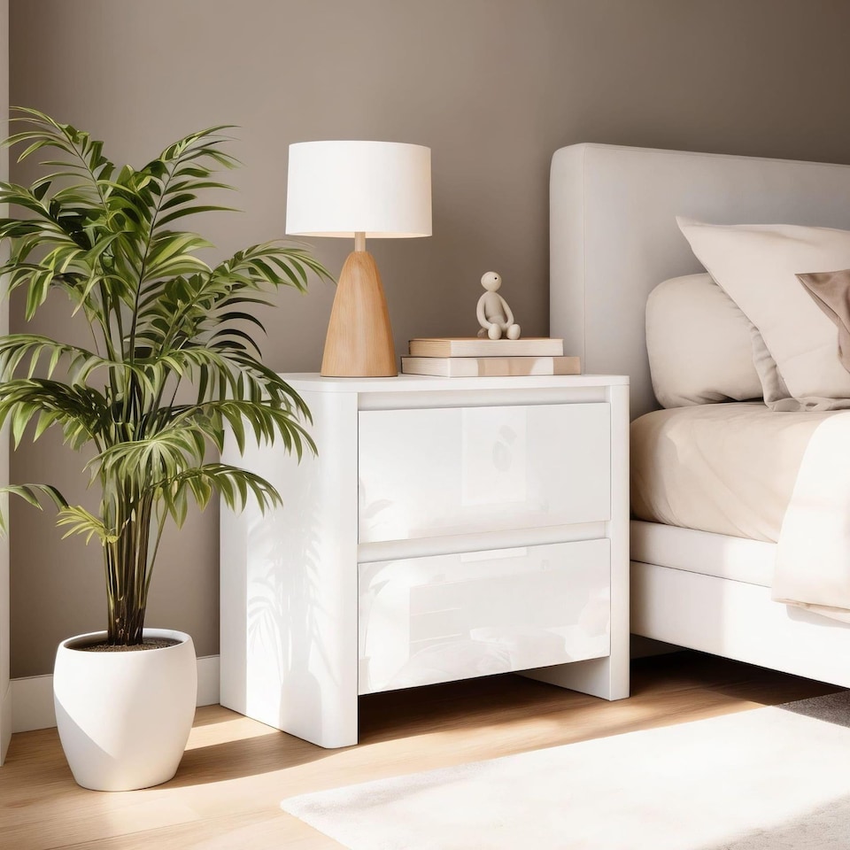 image 1 of Ardenza White High Gloss 2 Drawer Bedside Cabinet Bedroom Storage Unit