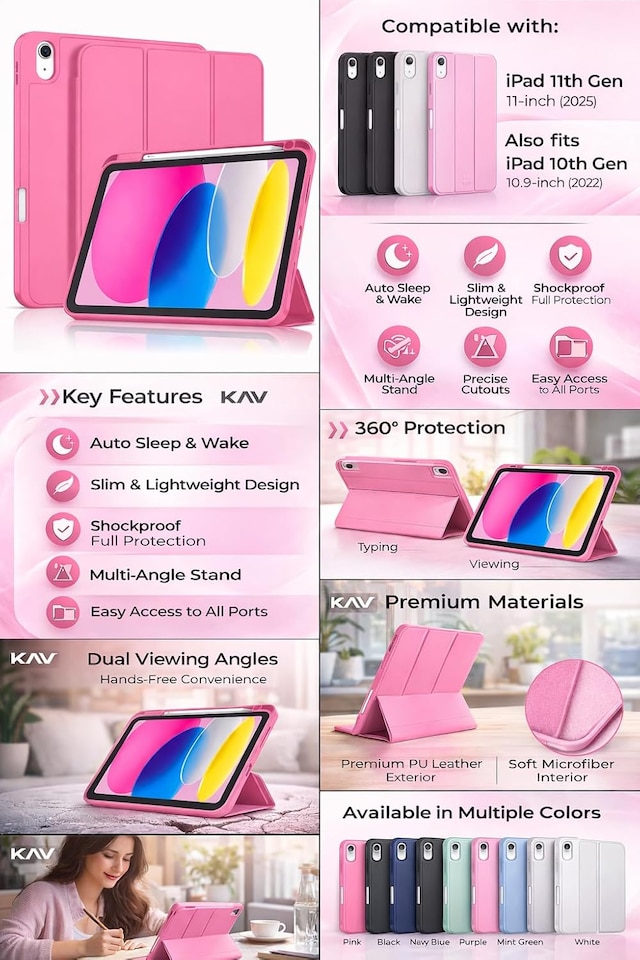 image 1 of KAV Case for iPad A16 11th Generation 11 Inch 2025 and iPad 10th Generation 10.9 Inch 2022 Slim Protective Smart Cover with Auto Sleep Wake Trifold Stand Lightweight Shockproof Tablet Case (Pink)