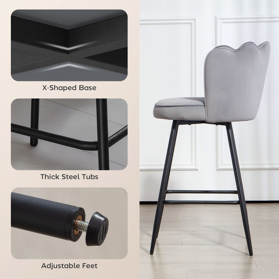 image 1 of HOMCOM Bar Stools Set of 2, Modern Velvet-Feel Barstools with Petal Backrest and Footrest, Upholstered Breakfast Bar Chairs with Metal Legs for Kitchen Island Counter, Dining Room, Grey | Grey | Grey | 2