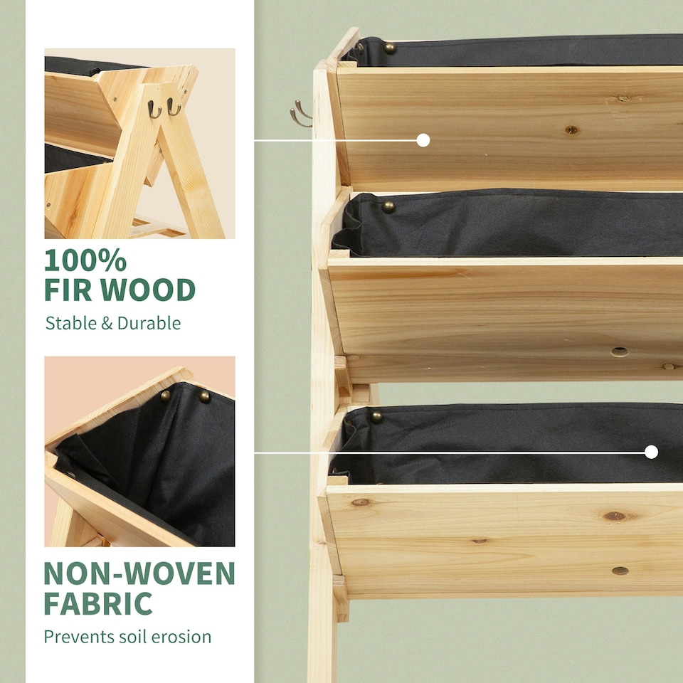 image 1 of Outsunny 3 Tier Wooden Garden Raised Bed Plant Bed with Clapboard and Hooks