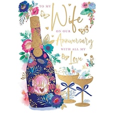 Words 'n' Wishes Wife Anniversary Card - Floral Champagne Bottle and Butterflies with Embossed Foil Details - Eco-Friendly -