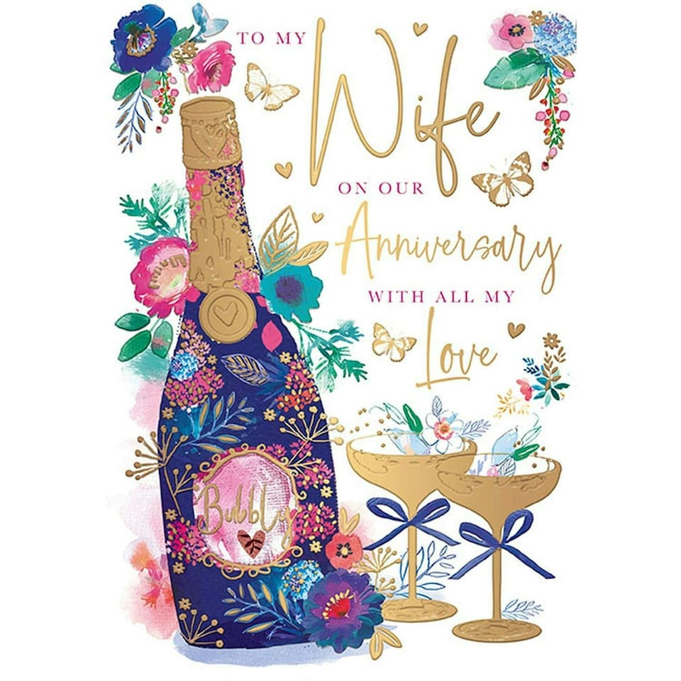 Words 'n' Wishes Wife Anniversary Card - Floral Champagne Bottle and Butterflies with Embossed Foil Details - Eco-Friendly -