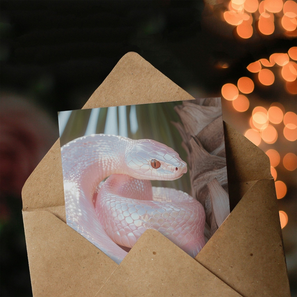 image 1 of Bright Shiny Pink Snake Coiled Under Palm Tree Birthday Greeting Card