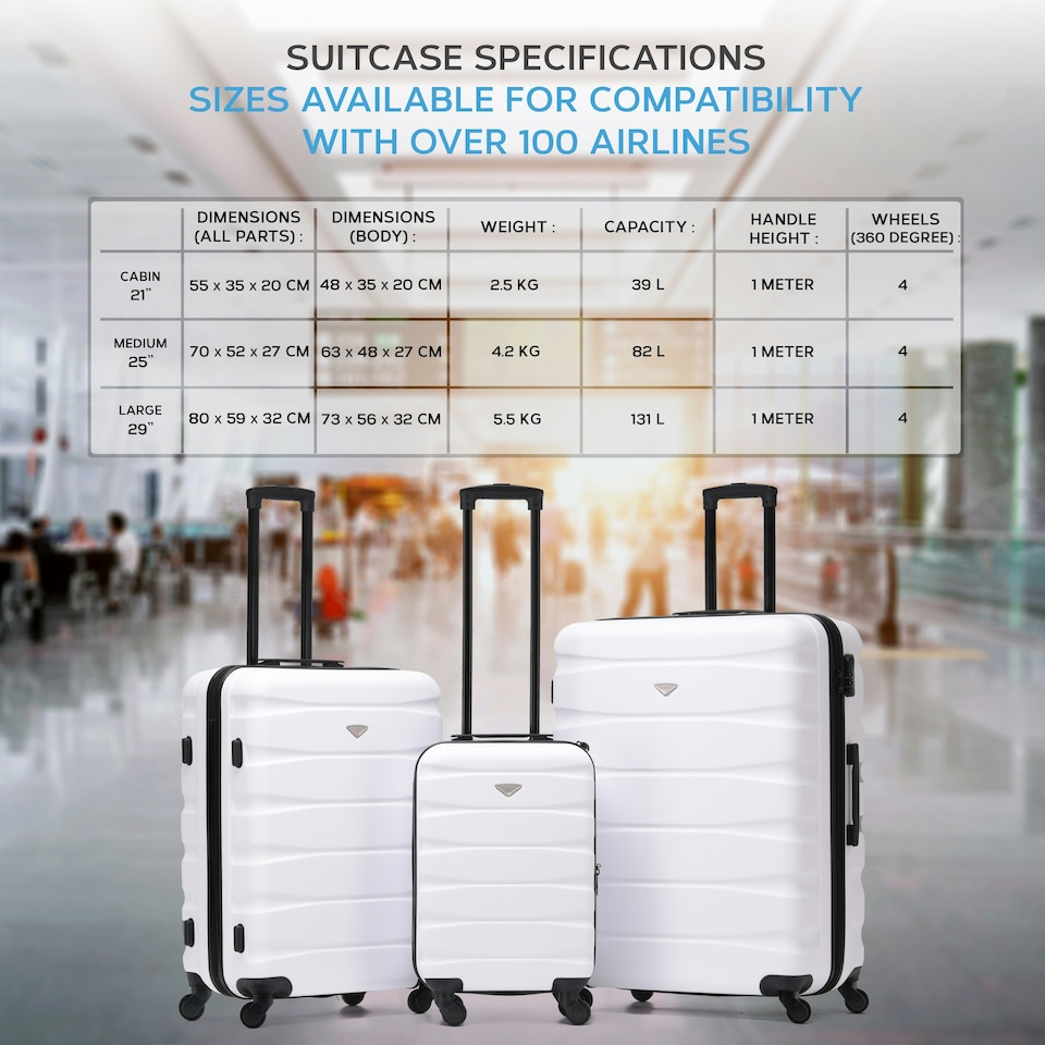 image 1 of Flight Knight 25" 4 Wheel ABS Hard Case Medium Suitcase 100+ Airlines Approved - easyJet, British Airways, Ryanair, Jet2, Emirates & Many More - Check-in | White | White/ Black | Medium