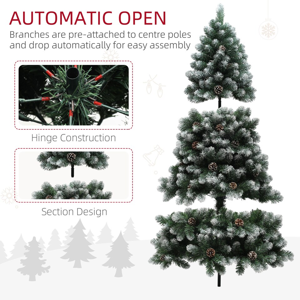 image 1 of HOMCOM 6ft Artificial Pine Christmas Tree with 774 Branch Tips and Steel Base, Realistic Hinged Tree with Pinecones, Holiday Decor for Home Office, Green