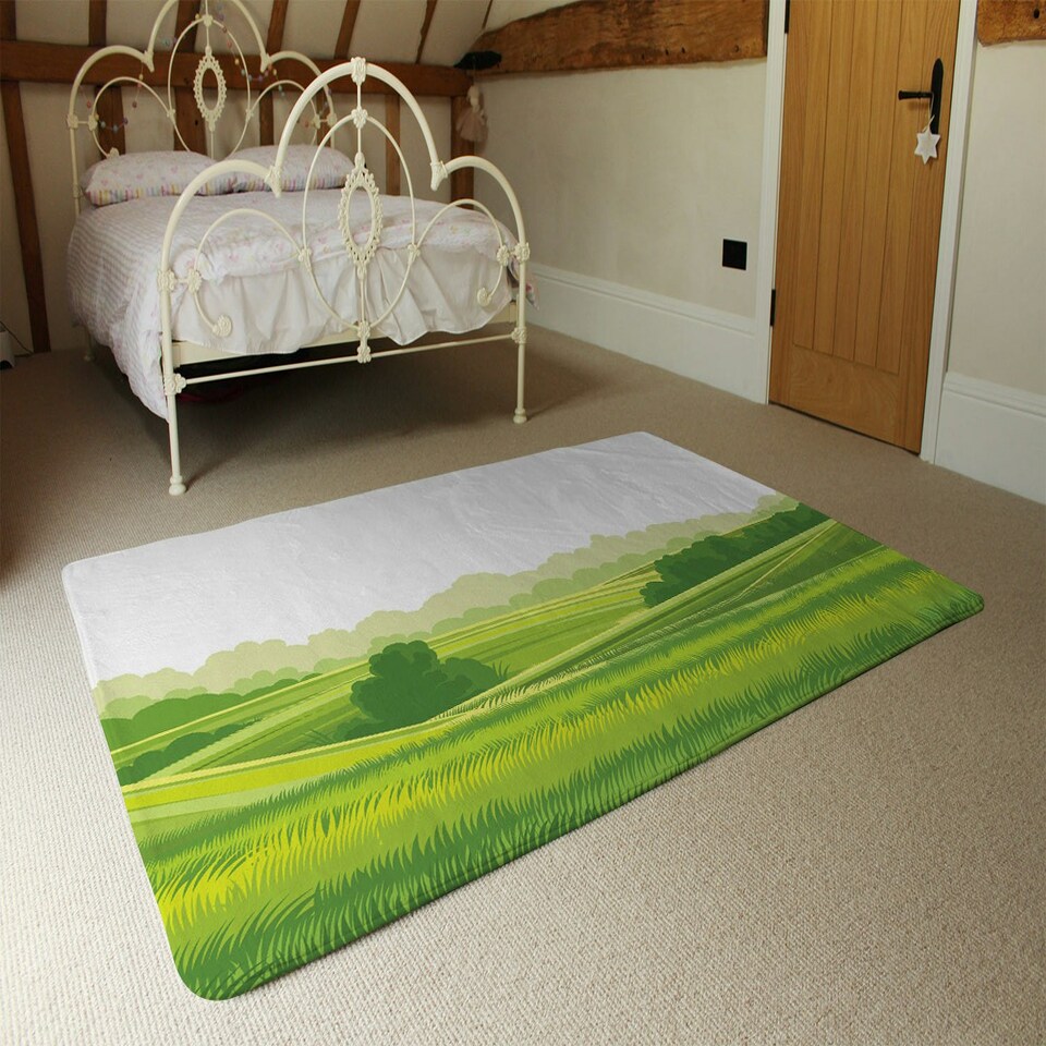 image 1 of countryside landscape illustration (Rug) Green | L