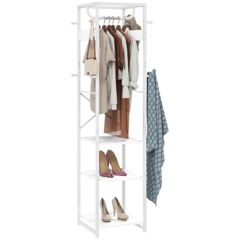 image 1 of HOMCOM Coat Rack, Freestanding Coat Stand with 3 Shelves and 8 Hooks, Clothes Stand for Entryway, Hallway, Bedroom, 170 x 38.5 x 30 cm, White Wood Grain