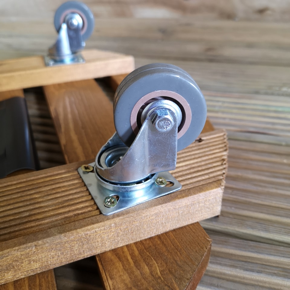 image 1 of Tom Chambers Handcrafted Heavy Duty Round Traditional Wood Garden Patio Plant Flower Pot Stand Caddy Trolley Dolly on Strong Metal Castor Wheels Large 50cm | Brown | Brown