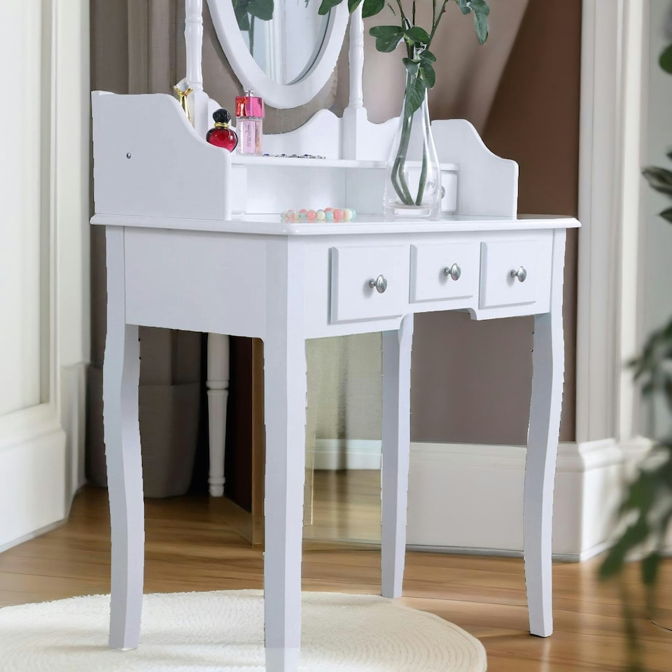 image 1 of 5 Drawer White Dressing Table With Round Mirror And Stool White