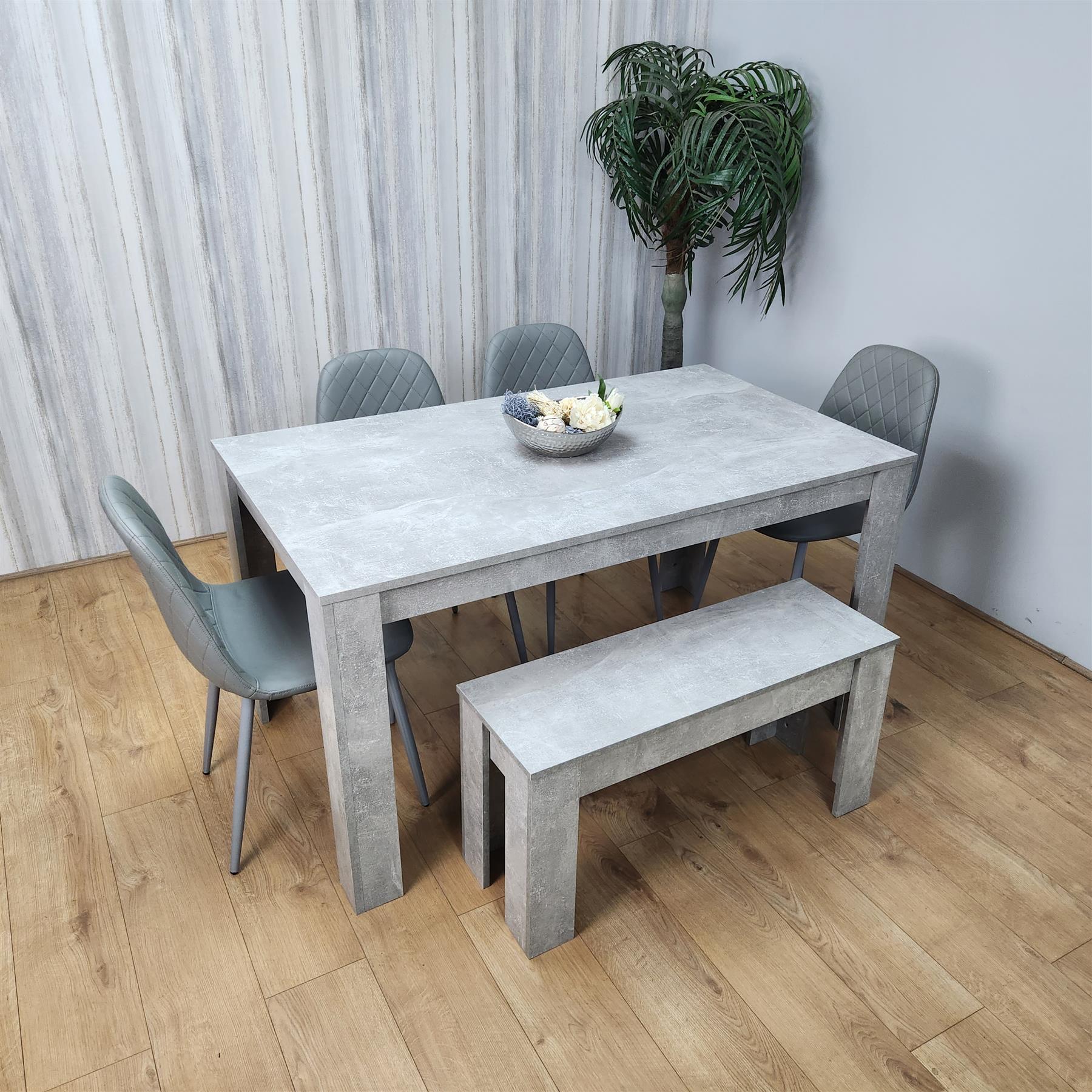 Wooden Grey Dining Table Set with Bench and 4 Grey Chairs Modern Rectangle Dining Room Furniture