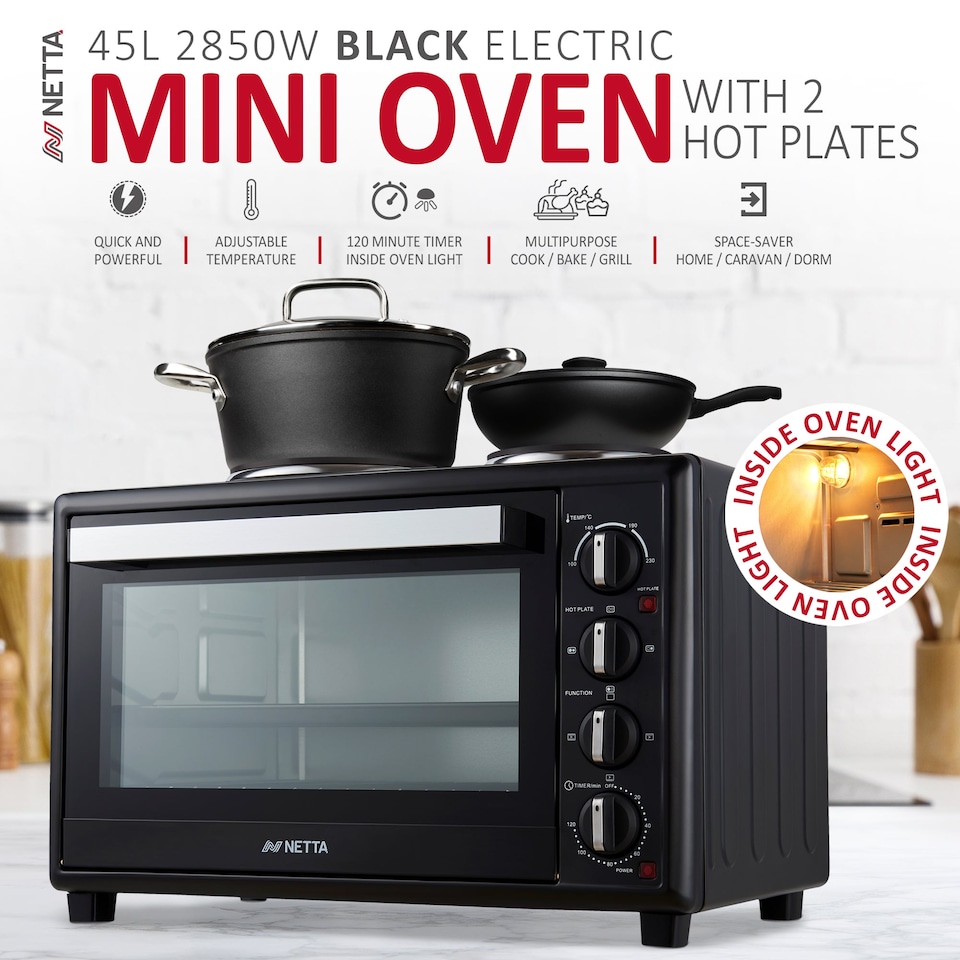 image 1 of NETTA 45L Electric Mini Oven with Double Hotplate, Grill, Adjustable Temperature and 120‑Minute Timer - 2850W