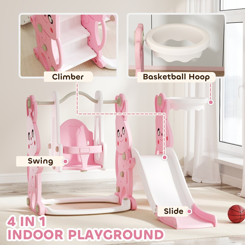 image 1 of AIYAPLAY 4 in 1 Kids Slide and Swing Set with Climber, Basketball Hoop, Pink