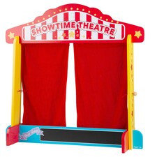 Bigjigs Toys Wooden Table Top Theatre, With Red Silk-Effect Curtains & Chalkboard