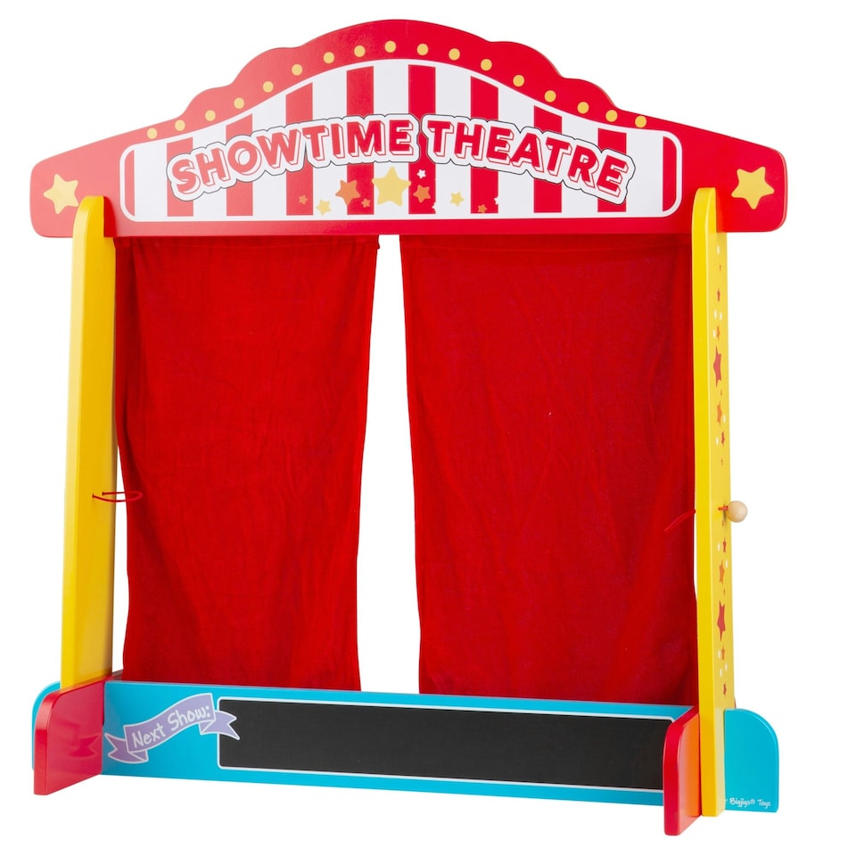 image 1 of Bigjigs Toys Wooden Table Top Theatre, With Red Silk-Effect Curtains & Chalkboard