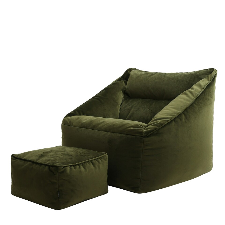image 1 of icon Natalia Velvet Adults Bean Bag Armchair and Pouffe, Ready Filled Large Beanbag and Footstool Olive Green Green | Green