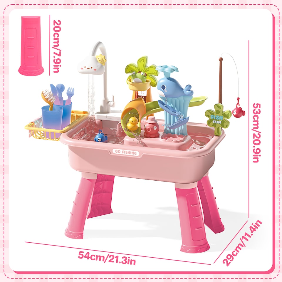 image 1 of 2 in 1 Beach Table & Simulation Kitchen Sink Toy Set with Water Supply Function and Color-Changing Tableware - Pink