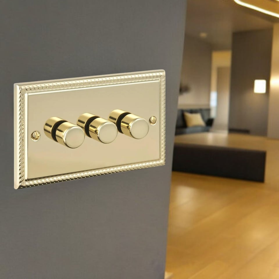 image 1 of Volex Crabtree Brass Gold 3-Gang Dimmer Light Switch