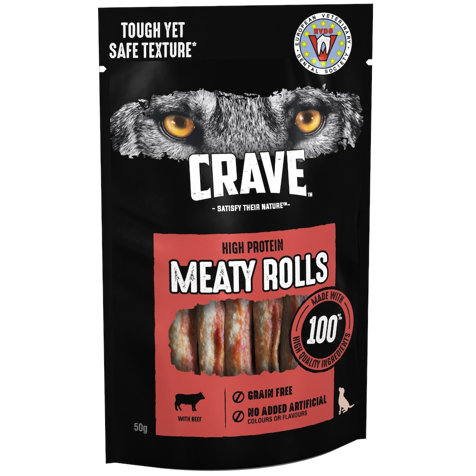 image 1 of 8 x 50g Crave Natural Grain Free Meaty Rolls Adult Dog Treats Beef Dog Chews