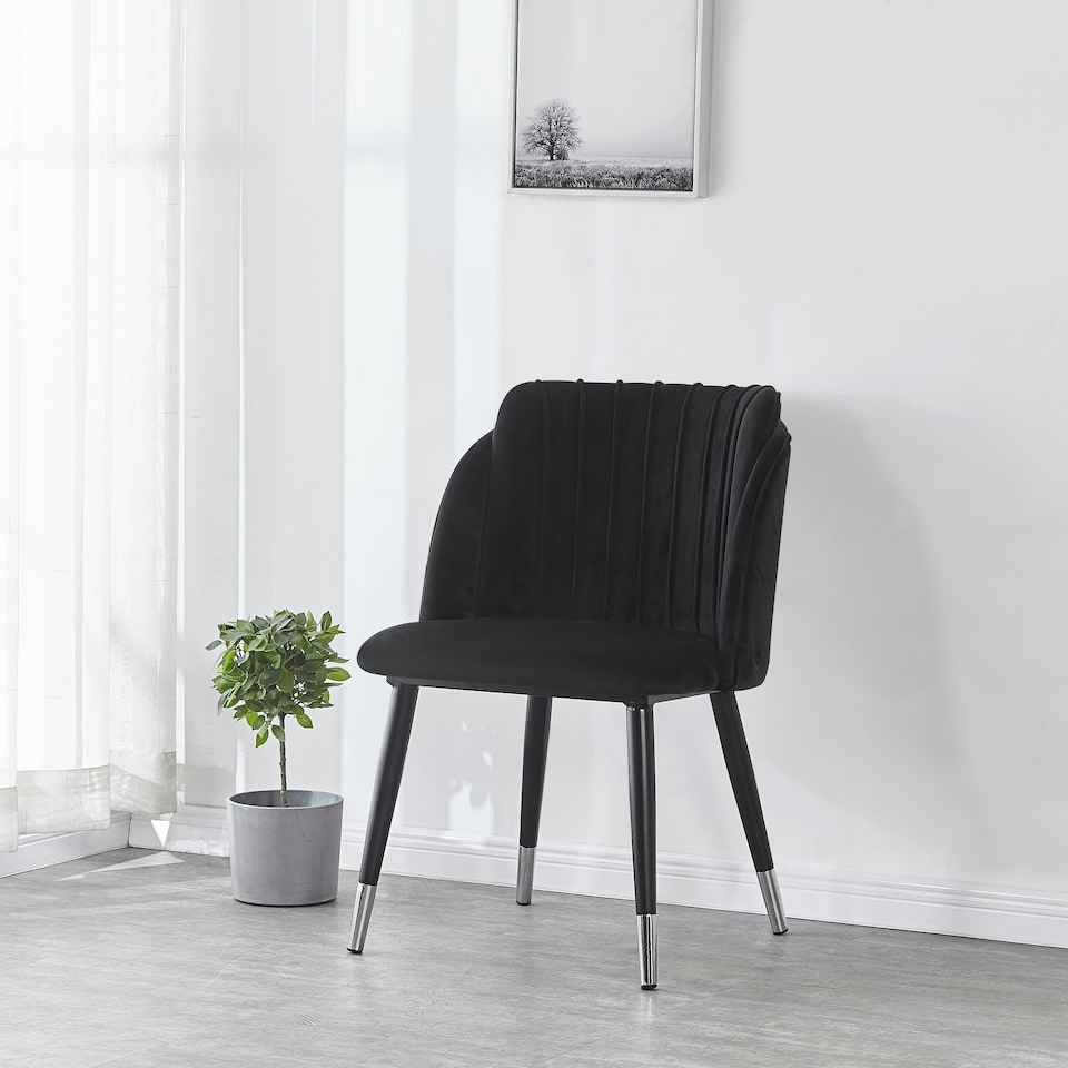 image 1 of Single Milano Velvet Dining Chair with Stylish Ribbed Back Design, Black Metal Legs with Silver Tips | Black | Silver End Tips