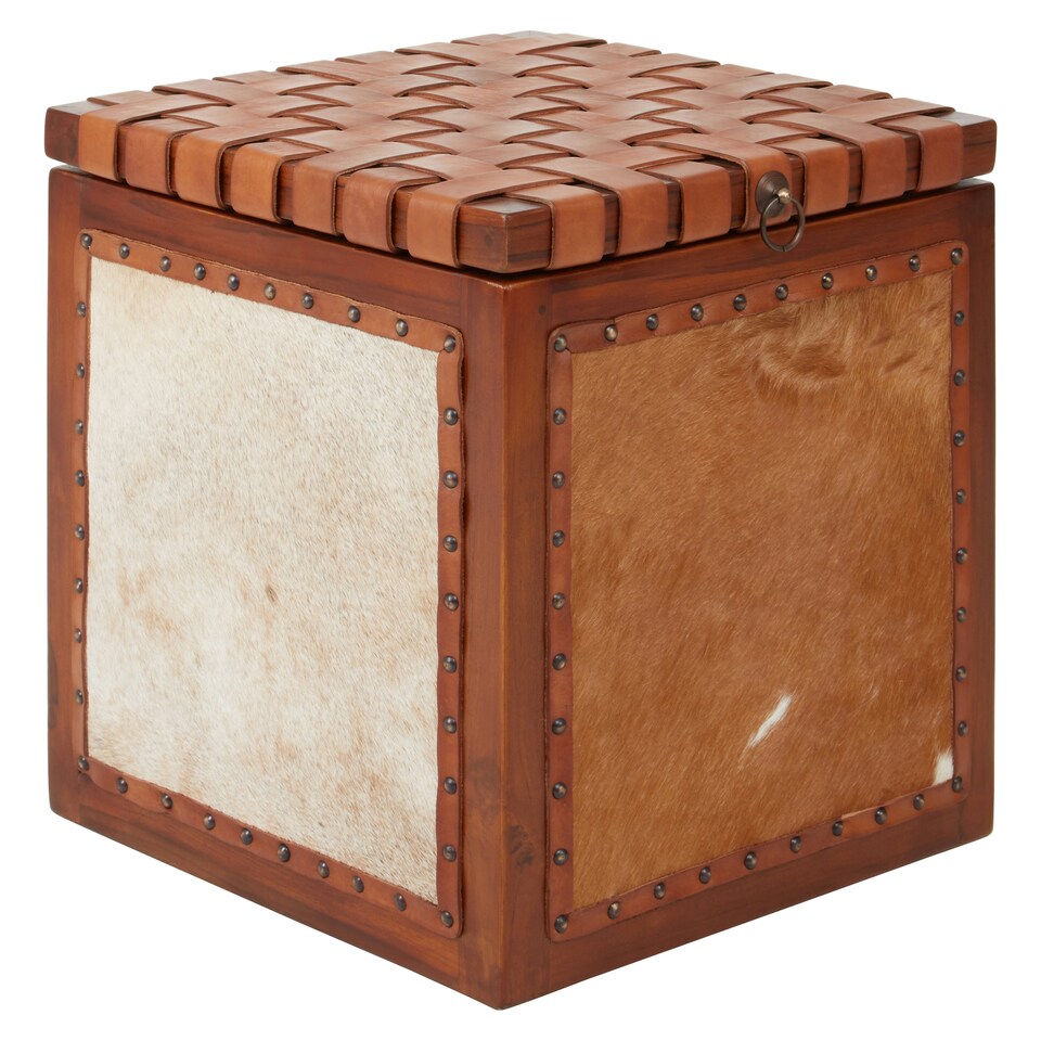 image 1 of Storage Stool With Metallic Stud Trim,Teak Wood Seat With Hair-on-Leather Base,Latticed Leather Top Stool Brown