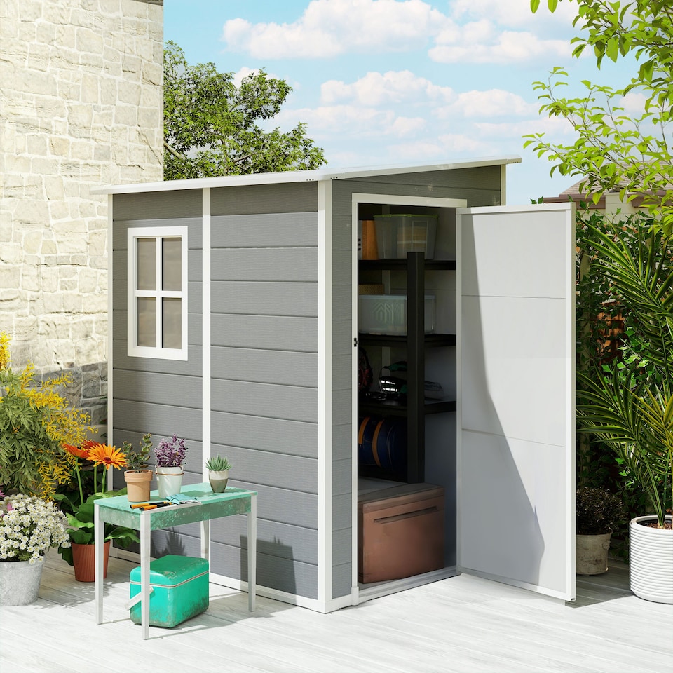 image 1 of Outsunny 4 x 5FT Plastic Garden Shed with Floor, Lean to Outdoor Storage Shed, Lockable Tool Storage House with Window, Vent and Plastic Roof, Grey