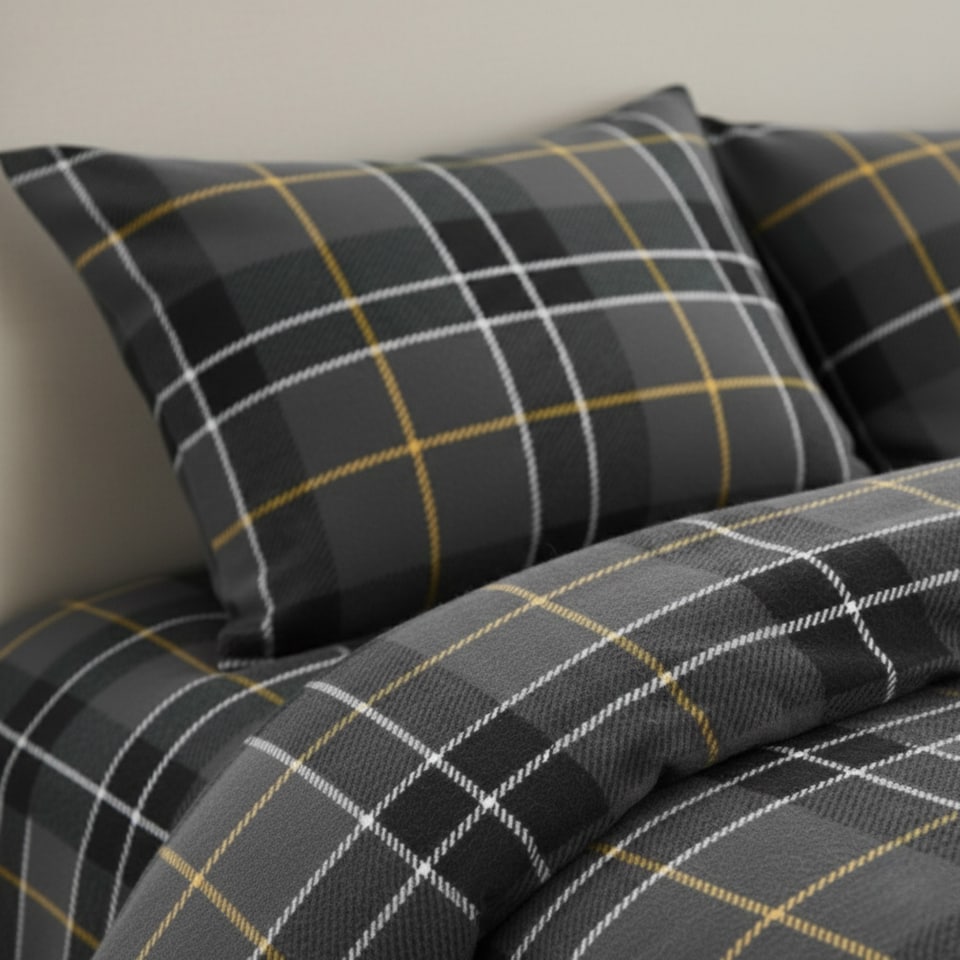 image 1 of Thermal Flannelette Tartan Duvet Cover Set Warm Brushed Cotton Bedding | Grey | Super King