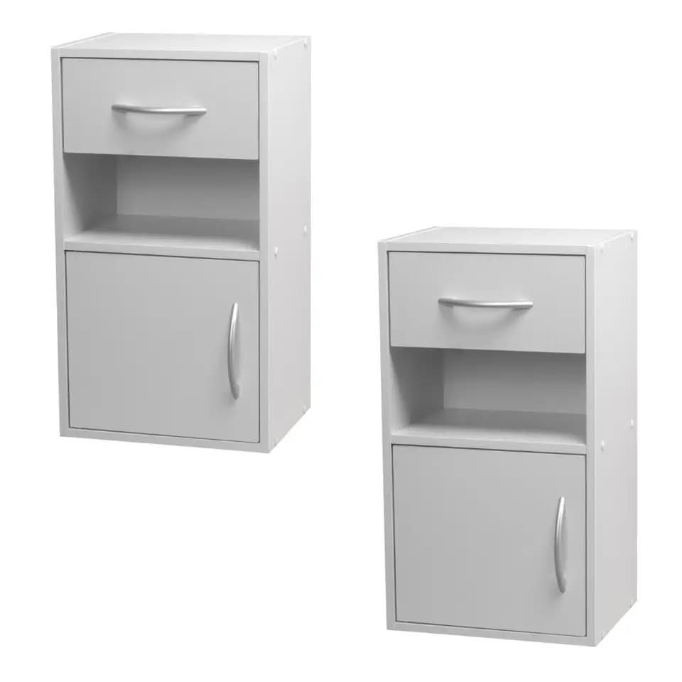 image 1 of 2-Pcs Wooden Bedside Cabinets with 1 Door & 1 Drawer | White | 1