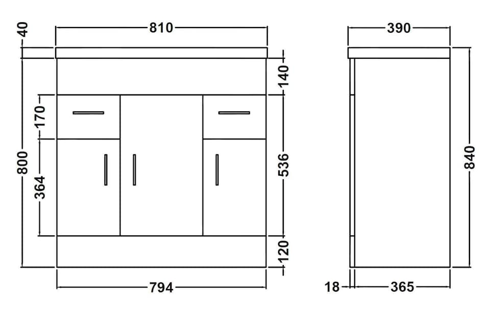 image 1 of Balterley 800mm 3 Door 2 Drawer Gloss White Floor Standing Cabinet With Basin