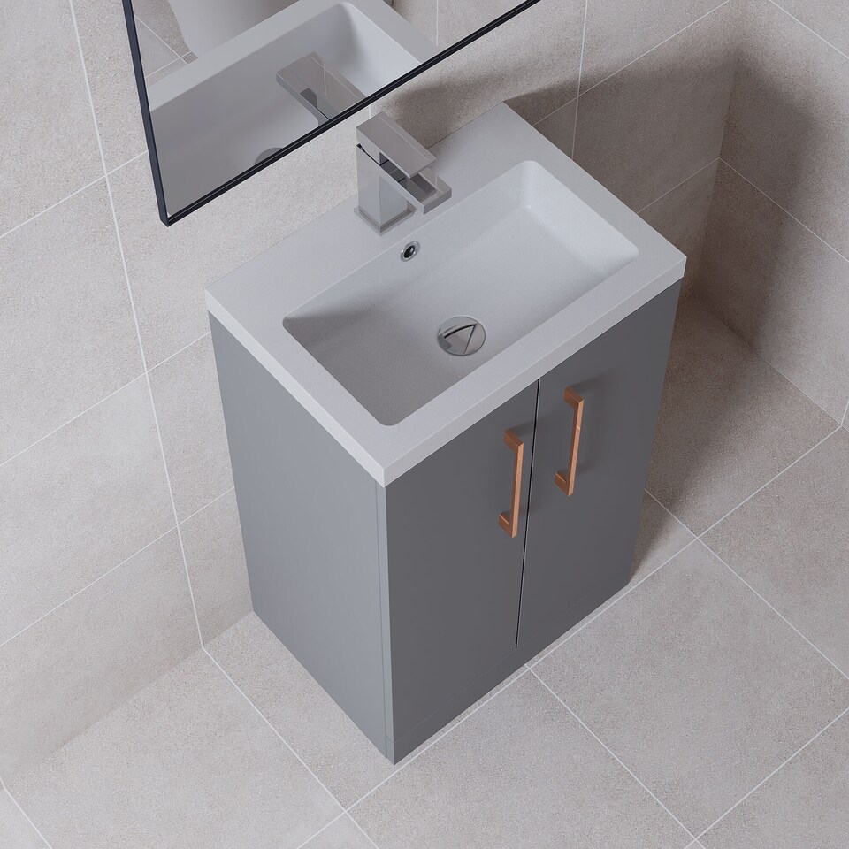 image 1 of Balterley Level Compact Bathroom Cloakroom Vanity Basin Unit with Polymarble Basin, Handles | Grey | Satin Grey | 840 x 505 x 360mm