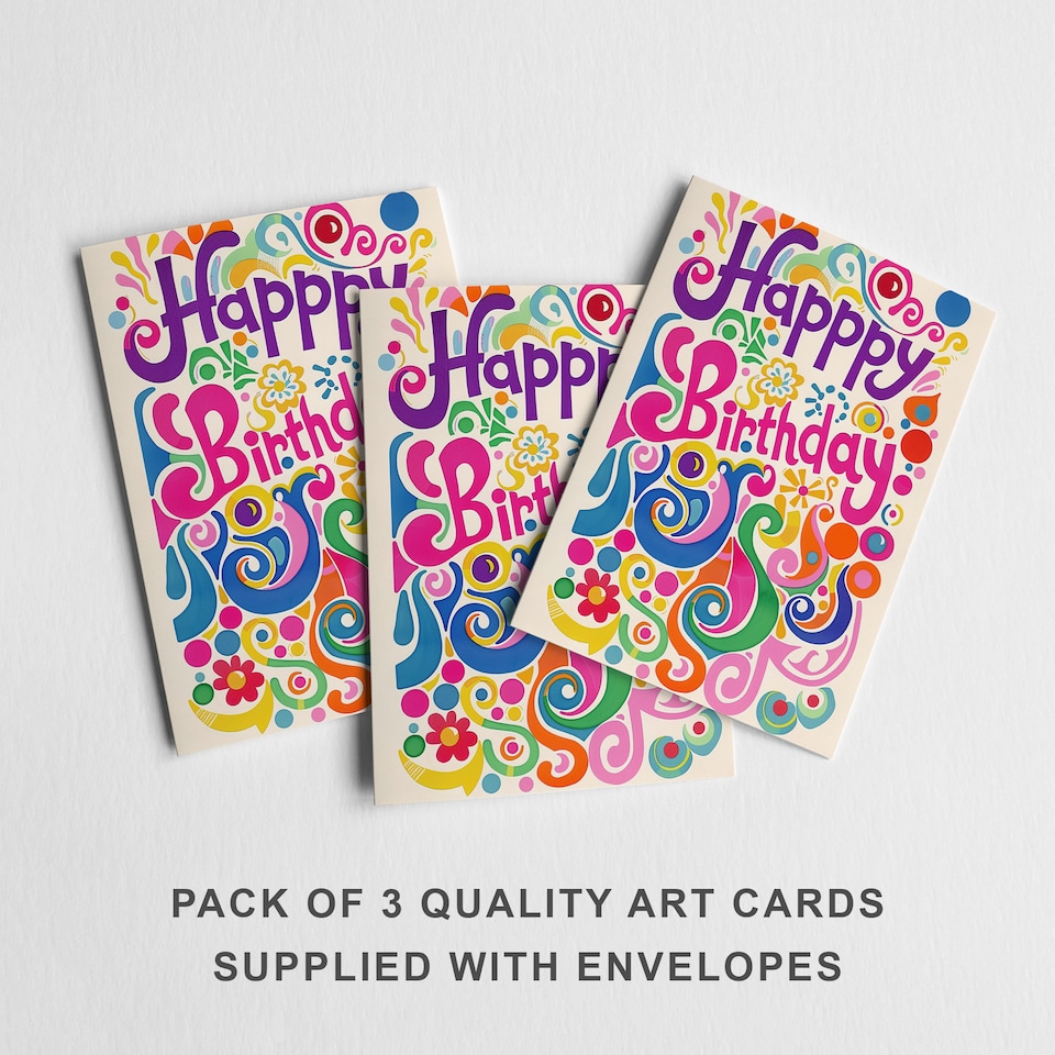 image 1 of Retro Hippy Flower Birthday Card Colourful Fun Set of 3 Greeting Cards Blank