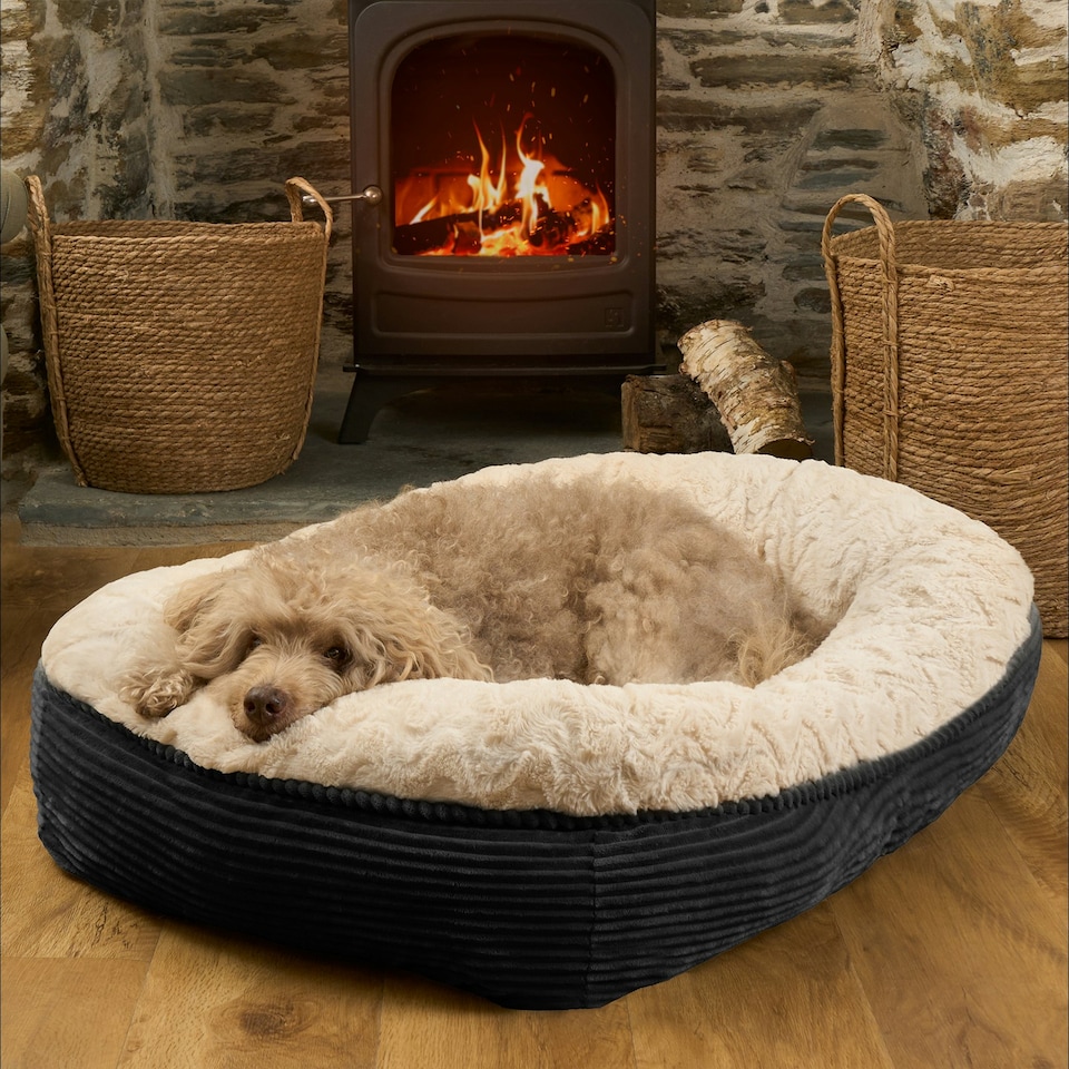 image 1 of OHS Pet Bed Cushion Dog Cat Ribbed Soft Plump Plush Cosy Fleece Large Multi | Black and Cream | L