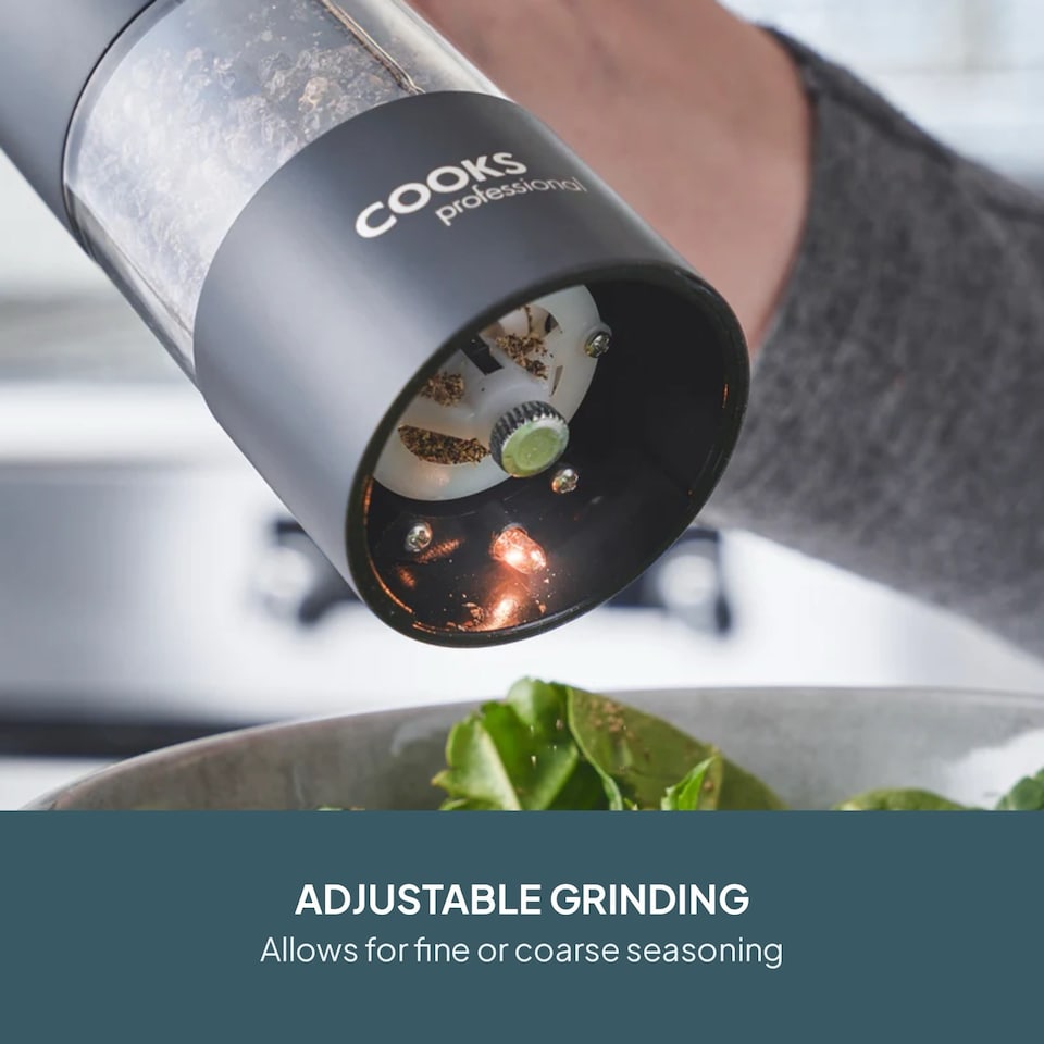 image 1 of Cooks Professional Electric Salt & Pepper Mill - Stainless Steel Automatic Grinder | Black | Black | 2