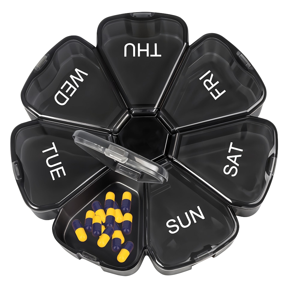 image 1 of Black Weekly Pill Box, Pill Organiser with Weekday Labels