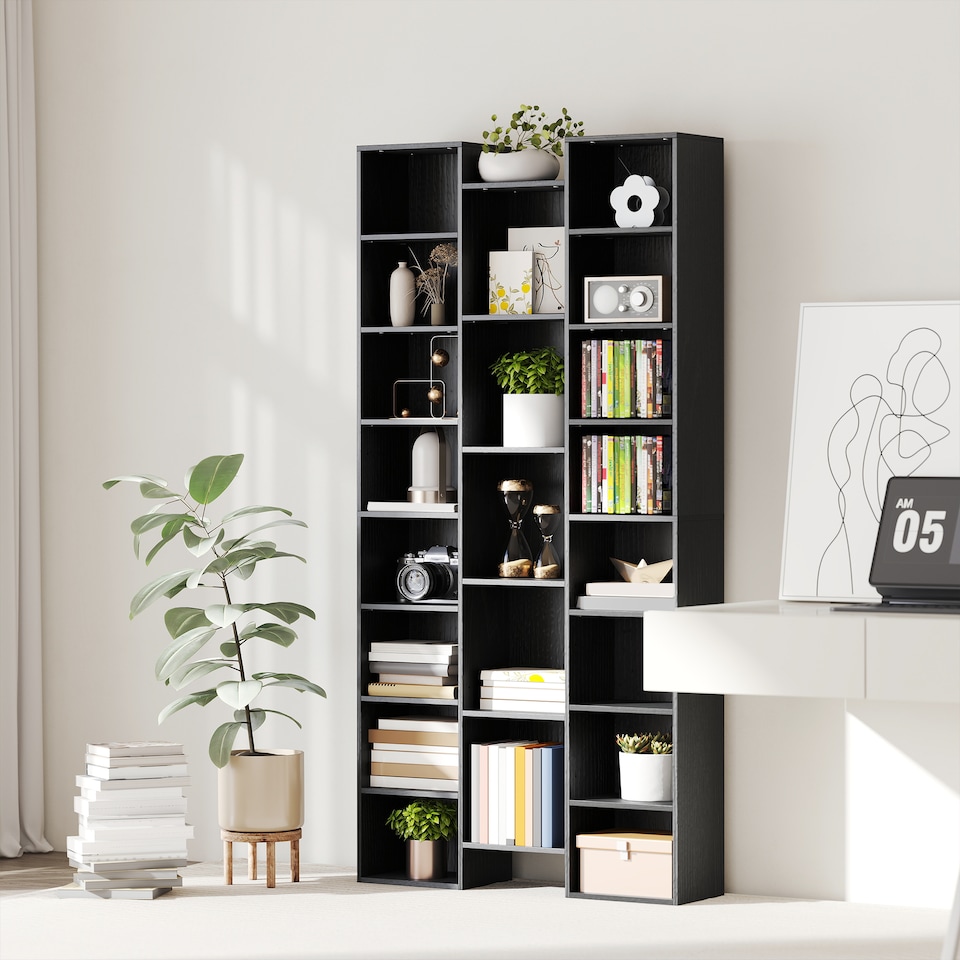 image 1 of HOMCOM 21-Cube Tall Bookcase, Modern Cube Book shelf with 10 Adjustable Shelves, Freestanding Multi-Functional Storage Unit for Living Room, Home Office, Bedroom, 181 x 89.5W cm, Black | Black | Black