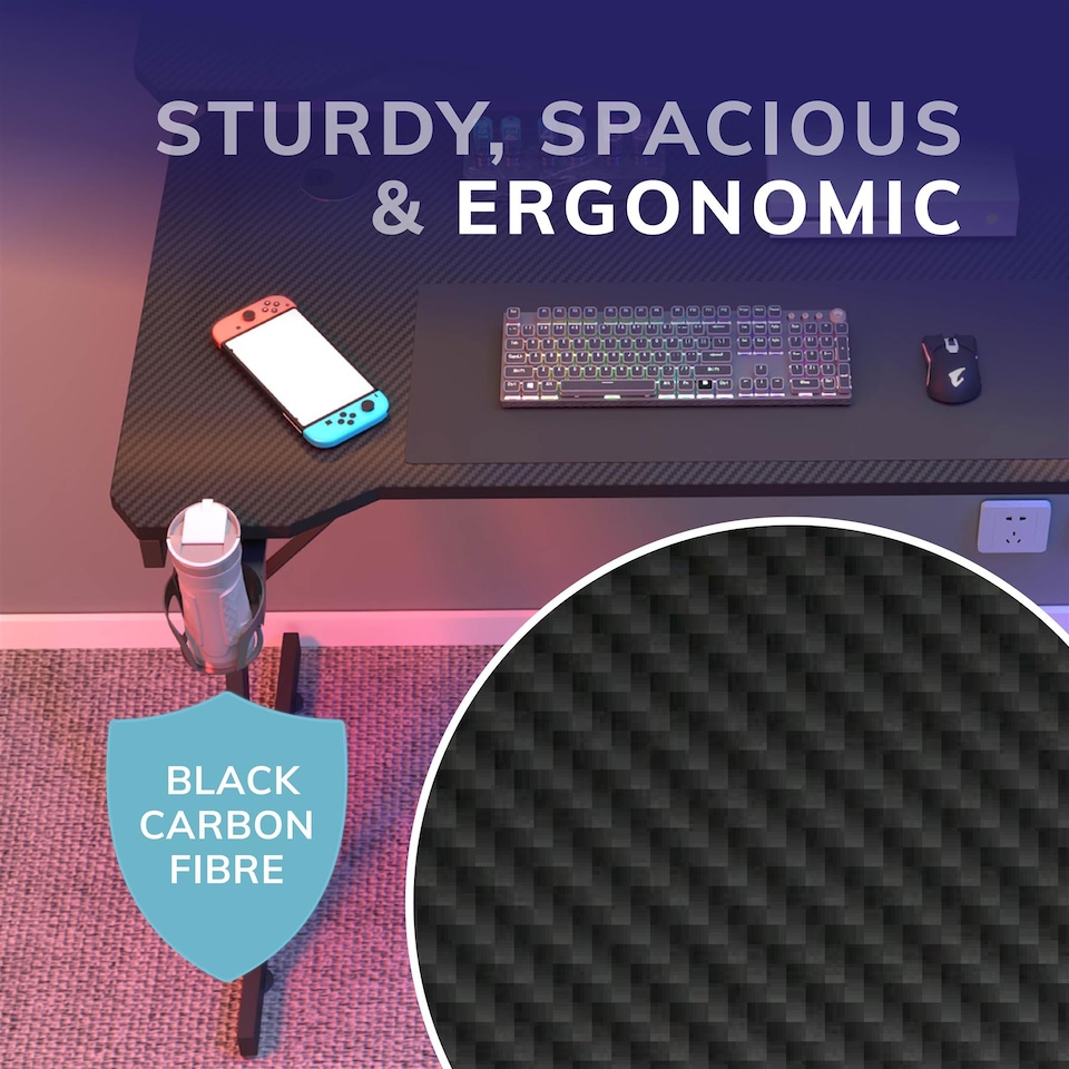 image 1 of House of Home Gaming Desk with Monitor Stand Carbon Fibre Black 80cm | Black