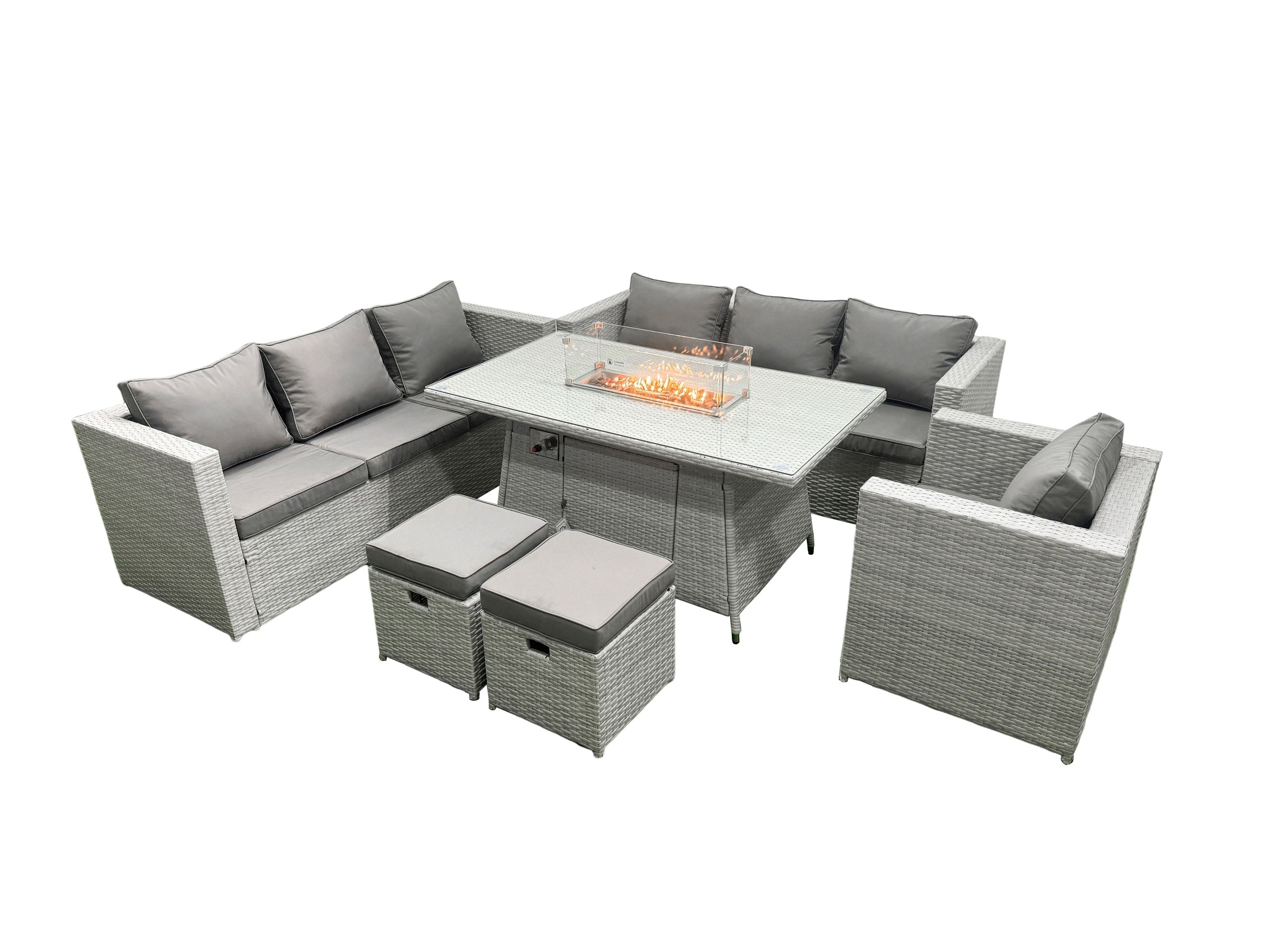 Fimous 9 Seater Outdoor Garden Dining Sets Rattan Furniture Gas Fire Pit Dining Table Gas Heater with Armchair 2 Small Footstools Light Grey