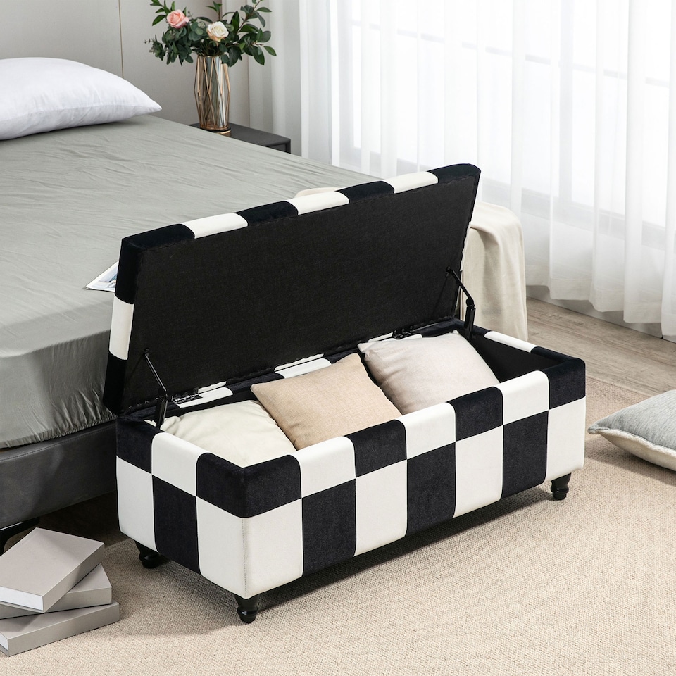 image 1 of HOMCOM Storage Ottoman, Storage Bench with Wood Legs, Footstool, Footrest with Velvet Surface for Bedroom, Hallway, Living Room, 114 x 47 x 47 cm, White and Black