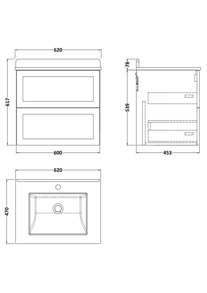 image 1 of Stonnall Traditional Wall Hung 2 Drawers Vanity Unit with Marble Top with Basin, 600mm, Dark Grey