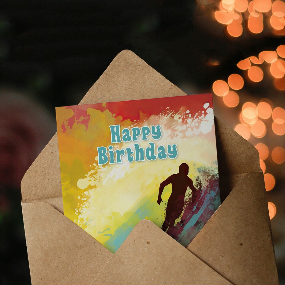 image 1 of Happy Birthday Surfing Surfer Colorful Wave Surf Birthday Card