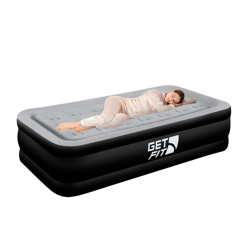 image 1 of Get Fit Air Bed with Built In Electric Pump - Premium Single Size - Blow Up Bed with Free Pillow - Elevated Inflatable Air Mattress for Outdoor - Black/Grey