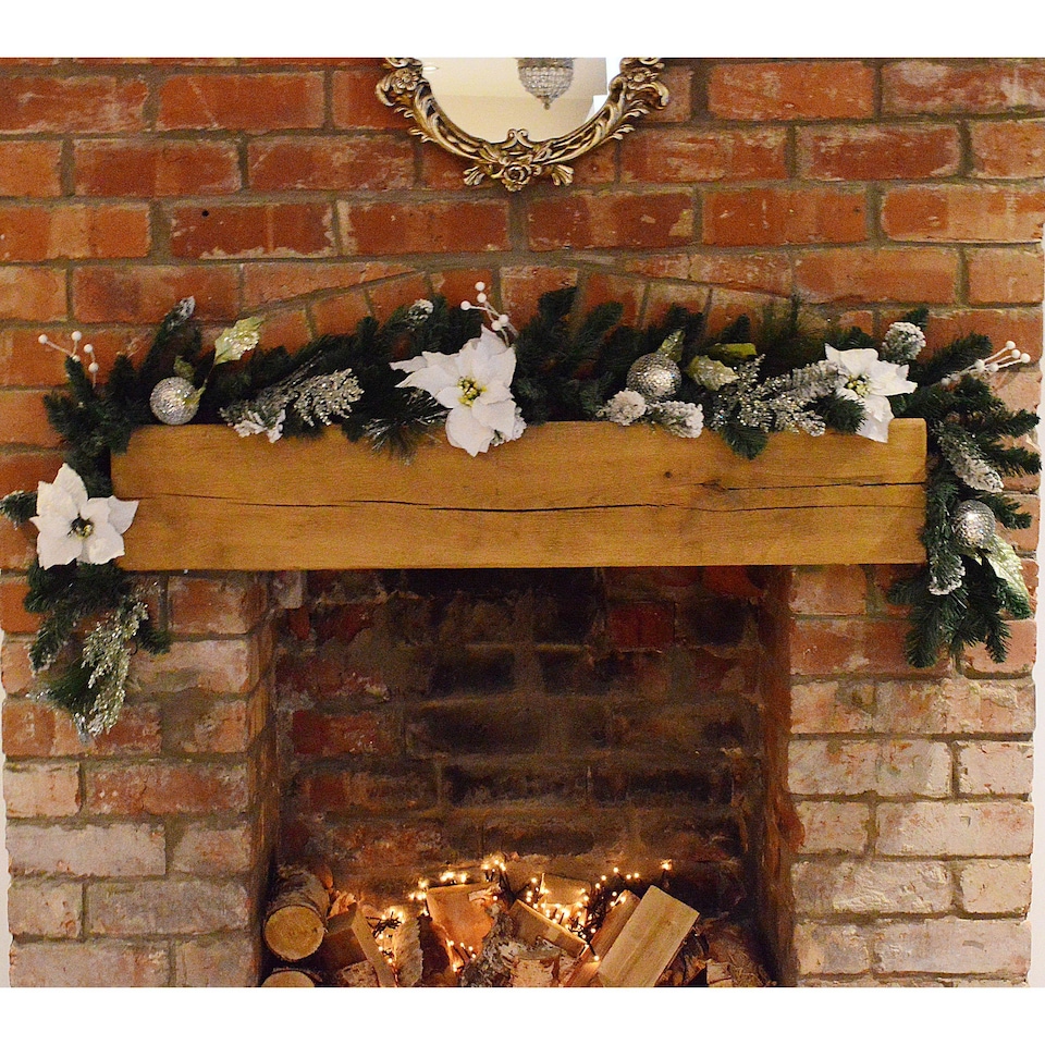 image 1 of 1.8M (6ft) White Poinsettia Christmas Garland Silver Balls Glitter Snow Flocked
