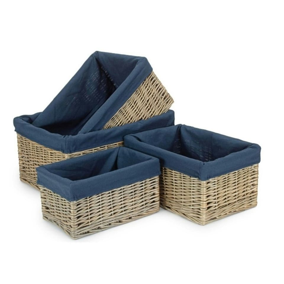 image 1 of Antique Wash Navy Cotton Lined Willow Storage Basket Blue | M