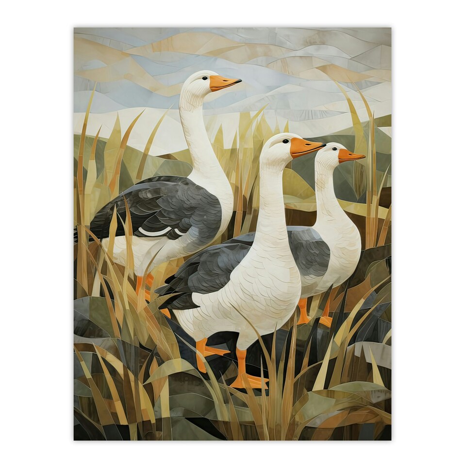 image 1 of Three Wild Geese Stylised Oil Grey Orange Black Framed Wall Art Print A4