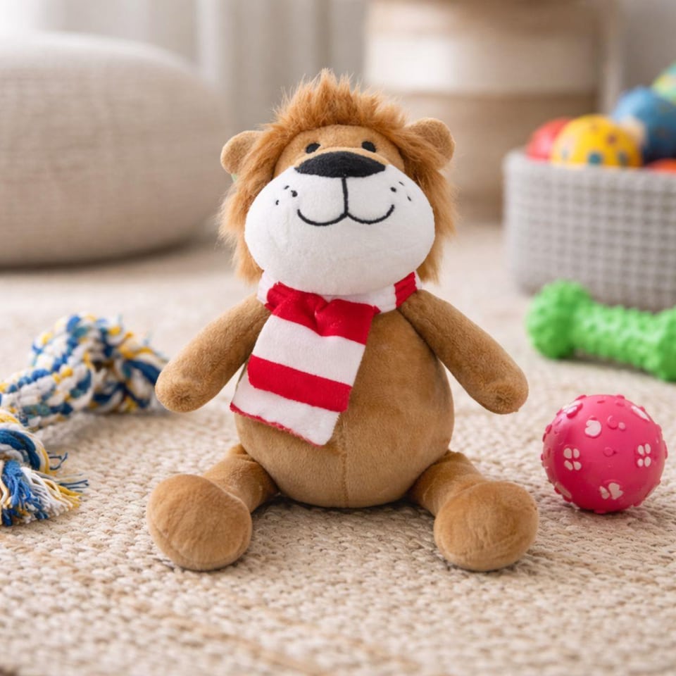 image 1 of Plush Lion With Scarf Dog Toy Squeaker Crinkle Effect Soft Interactive Play Fetch