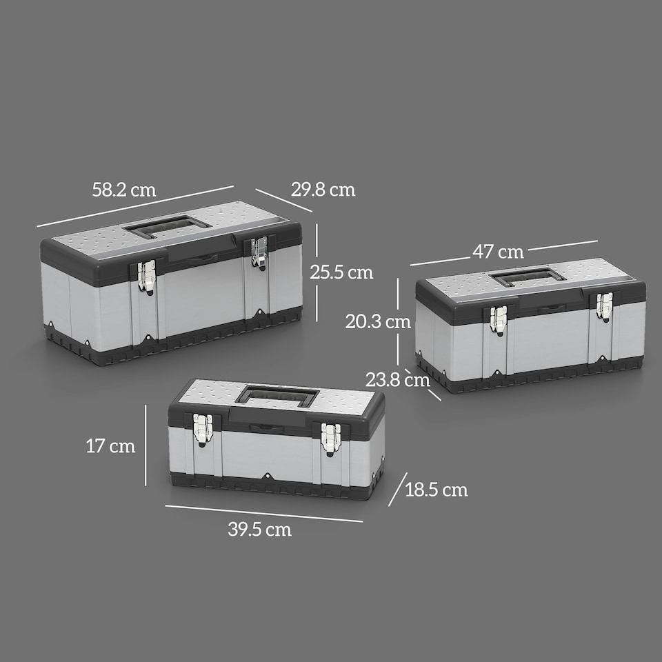 image 1 of HOMCOM 3 Pieces Tool Case Set, 23" 19" 16" Stainless Steel Tool Boxes | Grey
