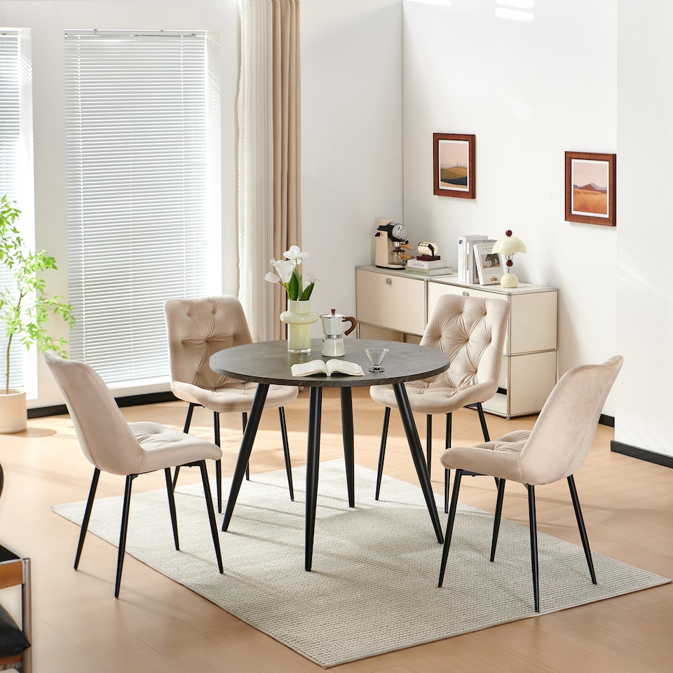 image 1 of SONARA Grey Marble Round Dining Table and Velvet Chairs Set, Modern 4 Seater for Dining Room