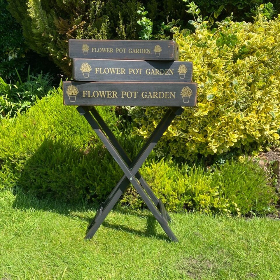 image 1 of Decorative Foldable Stand with "Flower Pot Garden" Serving Trays (Set of 3) - Wood - Black | Black