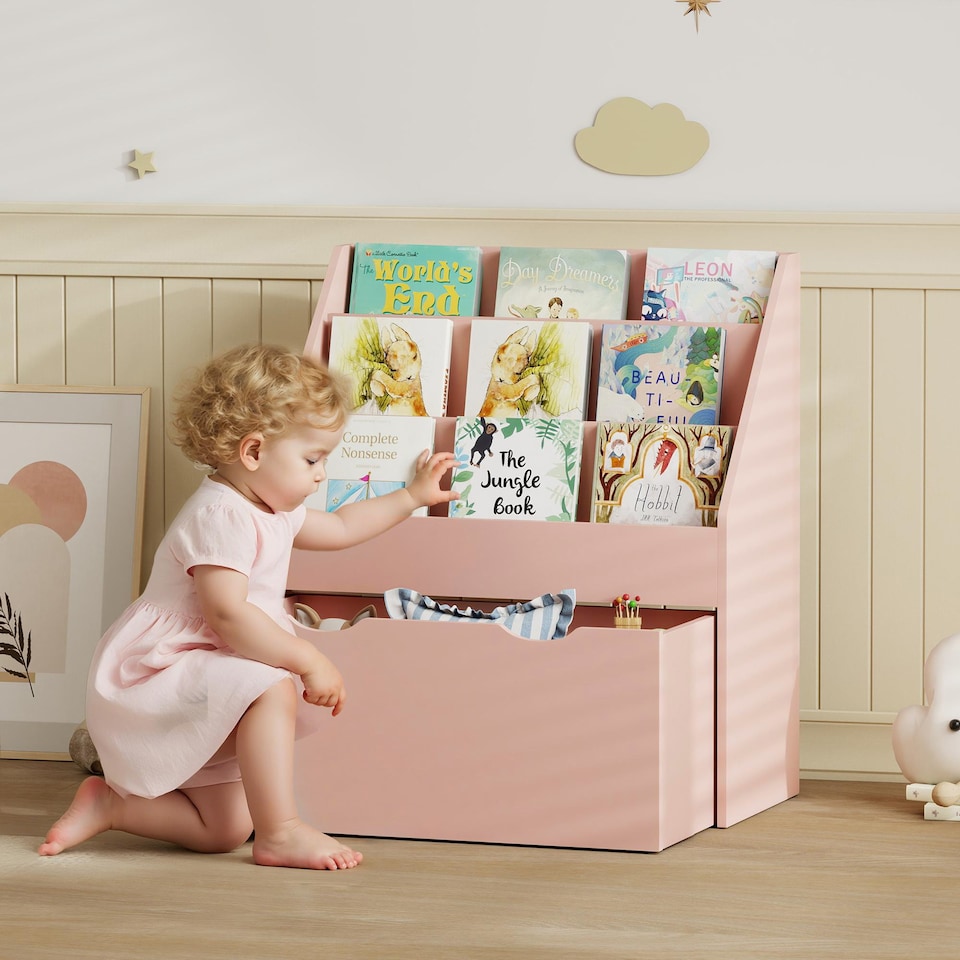 image 1 of AIYAPLAY Kids Bookshelf, Bookcase Toy Storage Organiser with 3 Tier Shelves, Drawer, for Bedroom, Nursery, Playroom, Classroom | Pink