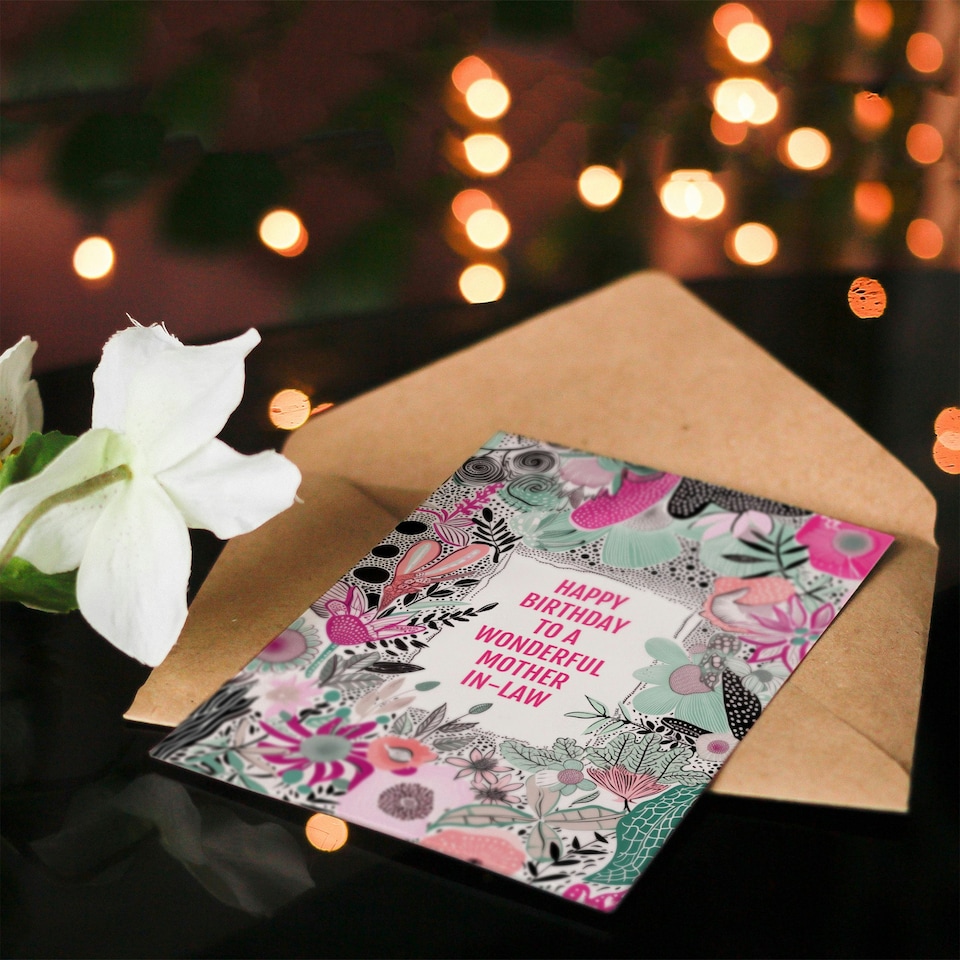 image 1 of Mother in Law Happy Elegant Modern Boho Wildflowers Pink Flowers Her Birthday Card